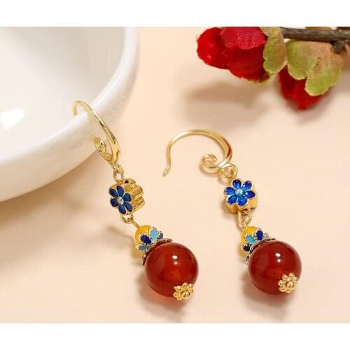 Vintage Women Earrings Red Agate Cloisonne Copper Metal Natural Stone Dangle Hook Earrings Mother Lucky Gift