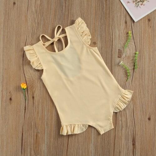Newest Arrival Toddlers Summer Swimwear Solid Color O-Neck Ruffle Sleeve Lacing Backless Swimsuit for Little Girls 1-6 Years