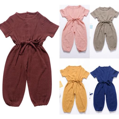 Toddler Baby Girl Summer Short Sleeve Cotton Linen Drawstring Romper Jumpsuit Babysuit Playsuit 6M-3Y