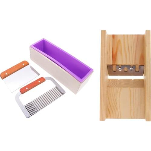 MagiDeal Wooden Soap Loaf Cutter Planer + Silicone Soap Mould with Wood box + 2pcs Wavy & Straight DIY Cake Soap Cutter