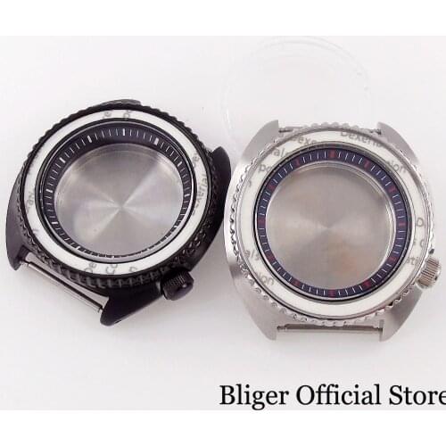 Black PVD Plated Brushed 45mm Watch Case fit NH35A NH36A Black Chapter Ring Flat Screwdown Crown