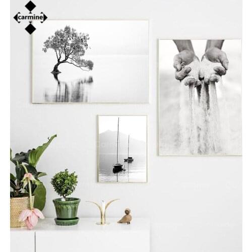 Hands with Sand Art Poster Landscape Wall Art Pictures Modern Canvas Painting Black and White Lake Boat Prints for Bedroom Decor