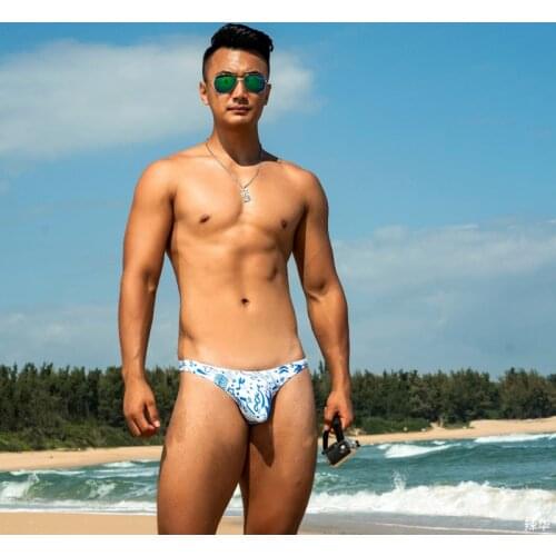 New blue white print swimsuits 2020 men beach board shorts surfing briefs sexy low wait tight swimwear gay swim bikinis sunga