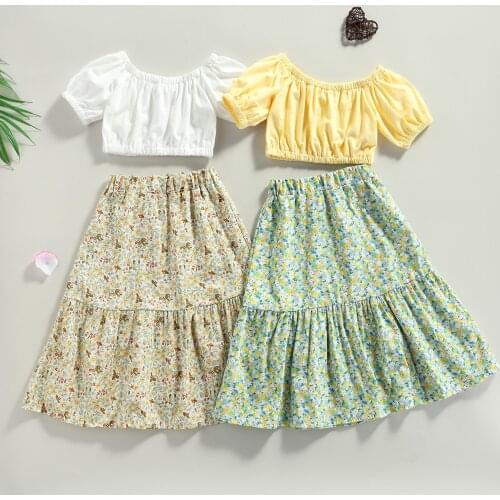 2-7Y Girls Fashion Clothing Sets Children Kids Baby Girls Solid Short Sleeve Cropped Tops+Floral Skirts Casual Clothes Outfits