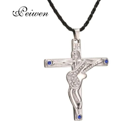 Blue Stone Guitar Cross Pendant Necklaces Black Leather Chain Necklace Stainless Steel Jewelry Johnny Hallyday Anniversary Gifts