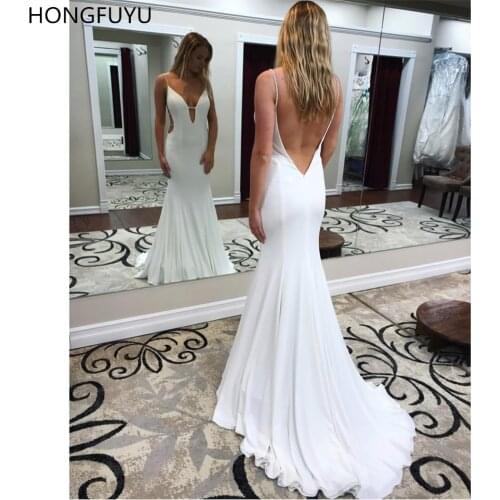 HONGFUYU Off White Jersey Prom Dress Fitted Plunging V Neck Sexy Backless Evening Party Gown Long Formal Dresses robe de soiree