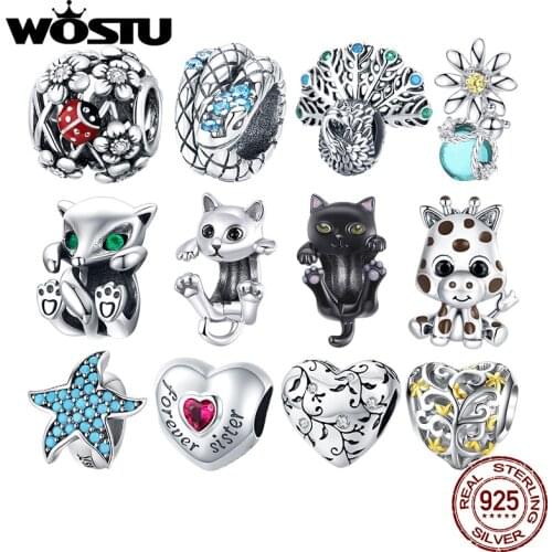 WOSTU Authentic 925 Sterling Silver Cute Ladybug Cat Beads Charms Pendant Fit Bracelets Women Party DIY Fine Jewelry Gift Making