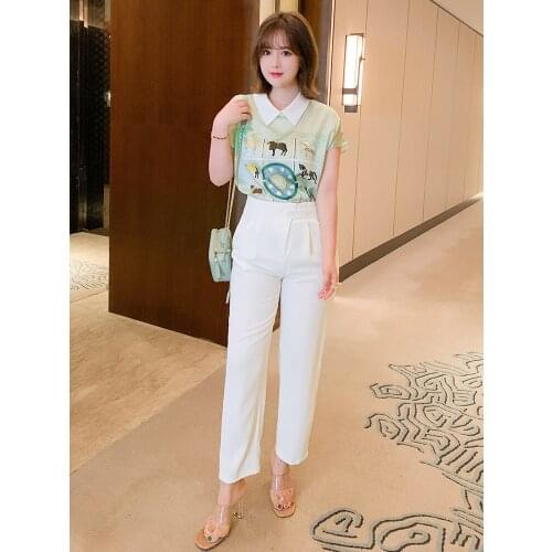 High quality Printing colours lapel even shoulder sleeve shirt + high waist straight canister new suits summer