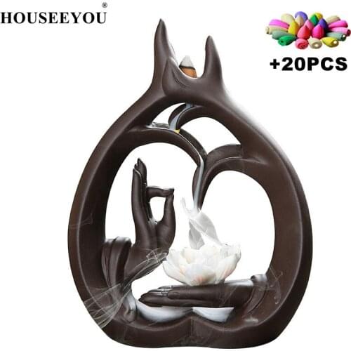 With 20pcs Incense Cones Buddha Hand Backflow Burner Stick Aromatherapy Censer Fragrance Plate Home Office Decor Crafts