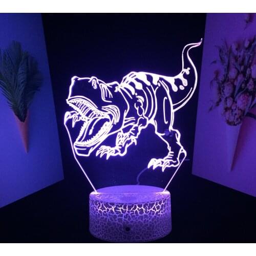 Dinosaur Series Tyrannosaurus Rex Opens Its Teeth 3D Lamp Visual Illusion White Cracked Base for 7 Color Changes With Remote