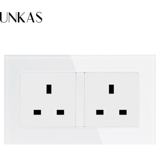 UNKAS Siamesed Design Double 146*86mm UK Standard Wall Socket Crystal Glass Panel Power Outlet Grounded AC 100~250V