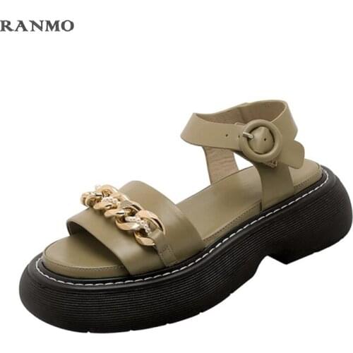 Retro platform sandals womens shoes metal chain decoration casual shoes summer outdoor sandals leather shoes platform shoes