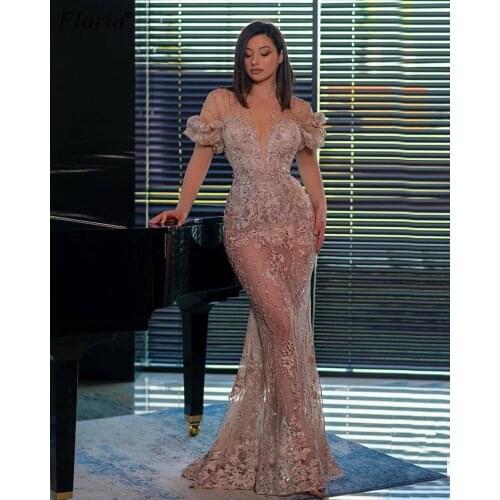 Gorgeous Plus Size Prom Dresses Mermaid Transparent Beading вечерние платья Lace Evening Dresses Women Party Night Celebrity