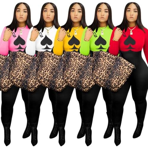 Spring Round Neck Long Sleeve Patchwork Poker Print High Waist Tight Stretchy Commuter Temperament Pencil Jumpsuit