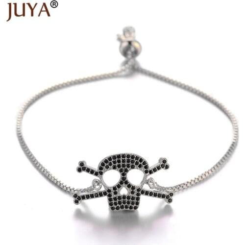 High Quality Copper Metal Inlaid Black Zircon Rhinestone Skull Bracelet For Men Women Hand Jewelry Adjustable Slider Chain
