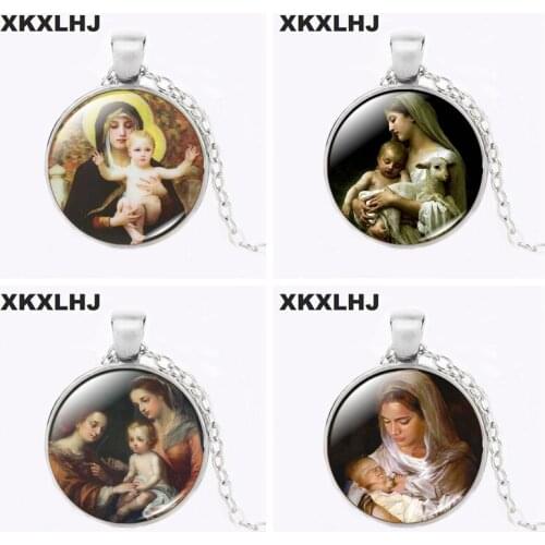 XKXLHJ Womens Gift Virgin Mary Baby Jesus Religious Jewelry / Bronze Stained Glass Cabochon Pendant Necklace