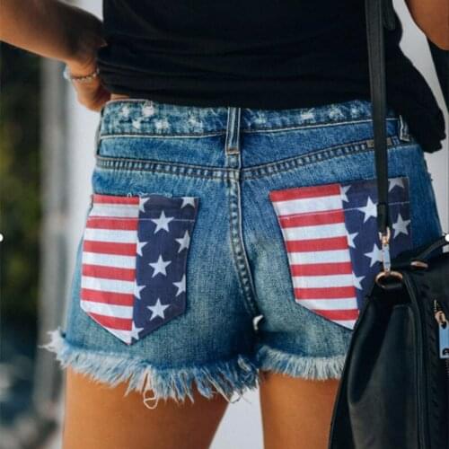 American Flag Print Pocket Shorts Fashion Raw Edge Ripped Denim Shorts For Ladies Plus Size Patchwork Beaching Casual Jean Pants