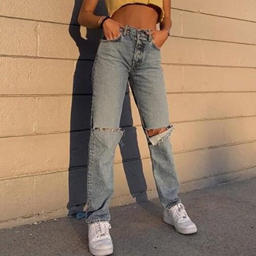 FNOCE 2020 new womens ripped jeans pants fashion casual high street solid high waist slim hole loose denim full Straight pants