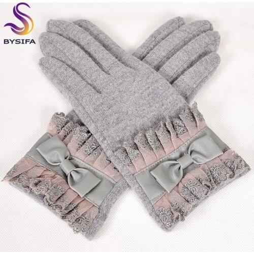 [BYSIFA] Winter Women Wool Gloves Fashion Lace Embroidery Ladies Thick Grey Gloves Sweet Large Pu Bow Tie Soft Mittens Gloves