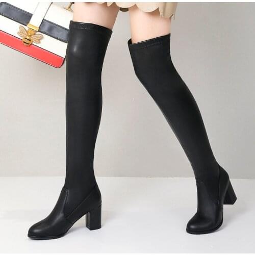 2021 New Fashion PU Leather Over The Knee Women Boots Slip-On Square High Heels Autumn Women Shoes Winter Lady Modern Long Boots