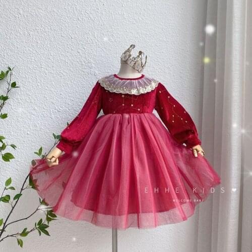 Girls lace collar star pattern Gold Velvet long sleeve dresses wholesale