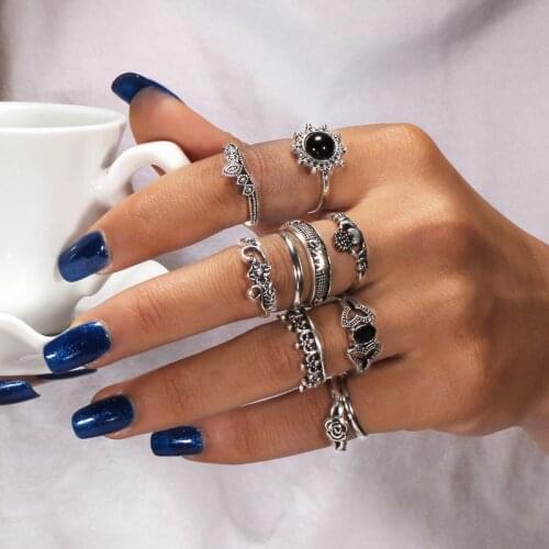 Vintage Big Stone Punk Antique Moon Seahorse Carved Midi Finger Rings For Women Bohemian Knuckle Ring Set Jewelry Anillos
