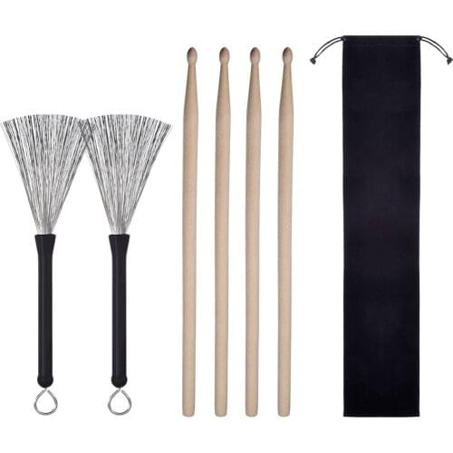 1 Set 2 Pair 5A Maple Wood Drum Sticks 1 Pair Drum Brushes With Bag Drum Accessory