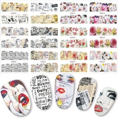12pcs New Retro Design Newspaper Urban Girl DIY Water Nail Art Transfer Stickers For Slider Nails Decal BN565-576