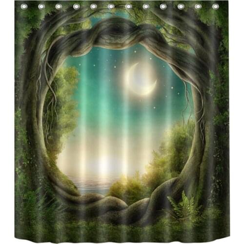 72'' Wonderland Tree Hole Sunset And Moon Stars Bathroom Waterproof Fabric Shower Curtain Polyester 12 Hooks Bath Accessory Sets
