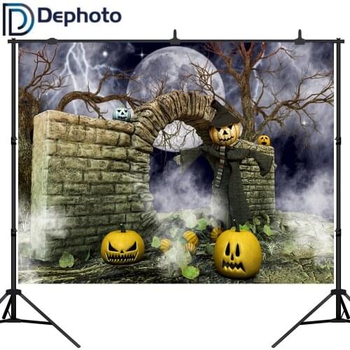 Dephoto Photography Backgrounds Stone Arched Door Moon Thunder Night Pumpkin Scarecrow Halloween Backdrops Fotografia
