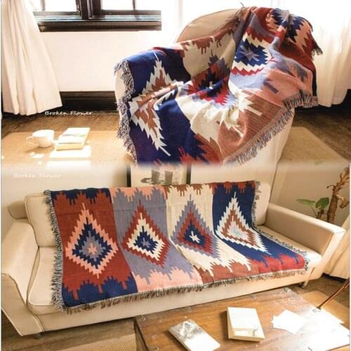 Cotton Kilim Sofa Blanket Geometric Pattern Blanket Living Room Bedroom Rug Soft Carpet Bedspread Tablecloth Tapestry