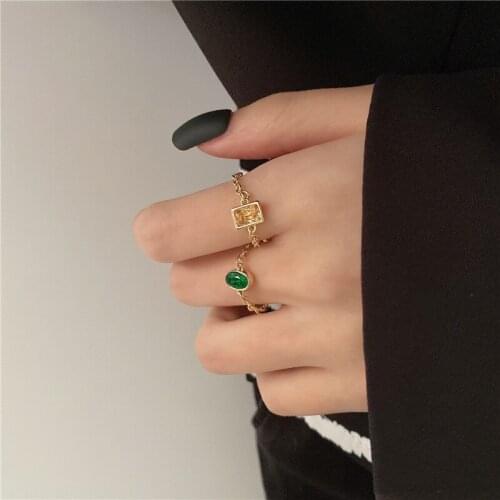 Simple Retro Oval Rectangle Green Color Cubic Zircon Rings for Women Gold Linked Chain Index Finger Ring Jewellery Accessories