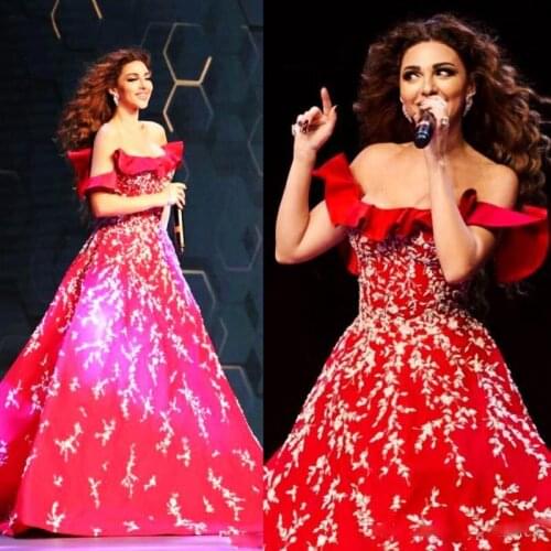 Myriam Fares Red Prom Dresses Sexy Off The Shoulder Evening Gowns Appliques A Line Party Dress Arabic Women Formal Wear