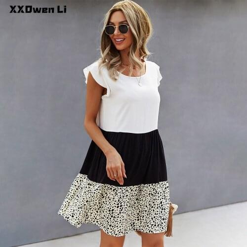 Summer Casual Loose Leopard Print Splicing Ruffles Mini Dress Women Flying Sleeve Dress Woman 2021 Boho Fashion Beach Dress