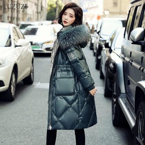 LUZUZI Winter Large Real Raccoon Fur Hooded Down Jacket Women Warm Long White Duck Down Coat Female Windproof Parka Snow Outwear