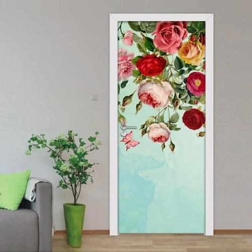 3D Beautiful Flowers Butterfly Door Sticker For Living Room Bedroom DIY PVC Self Adhesive Wallpaper Waterproof Mural Wall Decals