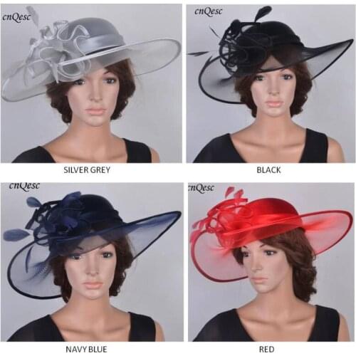 2019 NEW DESIGN Wide brim hatinator satin Kentucky Derby Womens hat Crin fascinator wedding hat with feathers for races,church