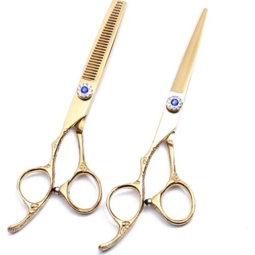Left Hand 5.5" 16cm Customized Logo 440C Gold Hairdressers Scissors Cutting Shears Thinning Scissors Salon Hair Scissors C8002