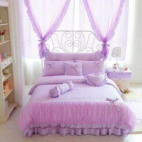 Peach Purple Floral Chic Lace Duvet Cover Girls Women Soft Comfy 100% Cotton Romantic Farmhouse Bedding Set Bedskirt Pillowcase