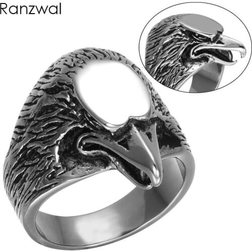 Ranzwal Punk Stainless Steel Eagle Biker Rings for Men Male Animal Titanium Jewelry US SIZE 9~13