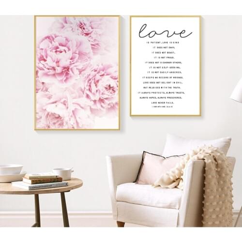 Pink Peony Flower Canvas Art Poster Prints Love Quote Modern Minimalism Art Painting Picture for Living Room Home Wall Art Decor