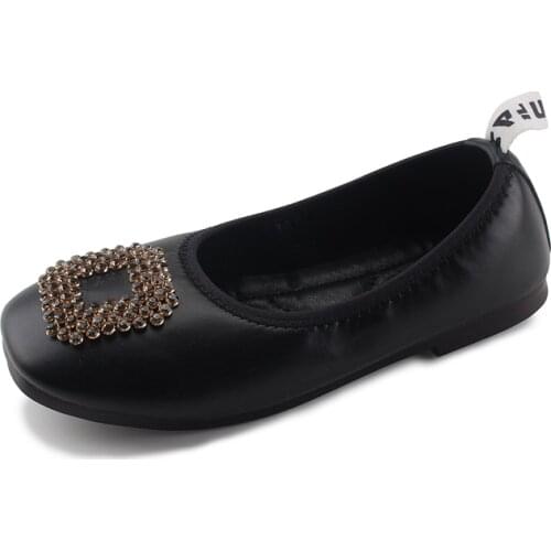 Chic Girls Leather Shoes For Toddlers Little Kids Big Childrens Loafers Slp-ons Flats Square Rhinestone Princess Dancing Shoes