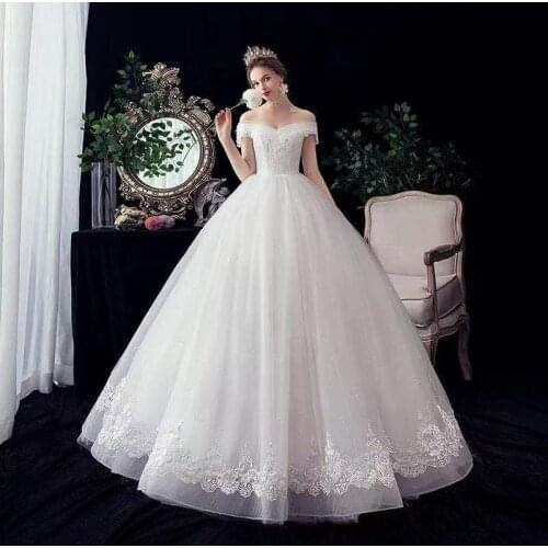 Wedding Dress Embroidery Boat Neck Fashion Off The Shoulder Floor-Length Lace Up Tulle Plus Size Wedding Gowns For Women G336