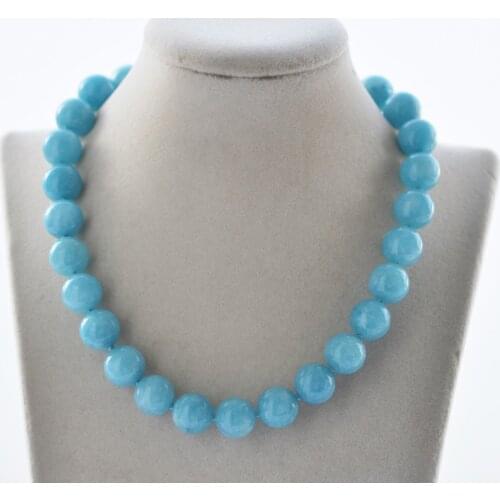 Z10668 17" 14mm Blue Aquamarine Round Bead Necklace