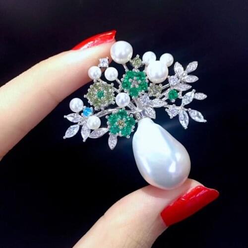 Baroque natural fresh water pearl vase jardiniere brooch pins 925 sterling silver with cubic zircon flower fine women jewelry