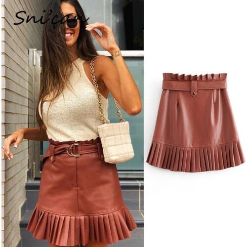 Snican belt faux leather ruffle skirt fashion autumn spring sexy pleated short skirts za 2020 women femme jupes hiver cuir new