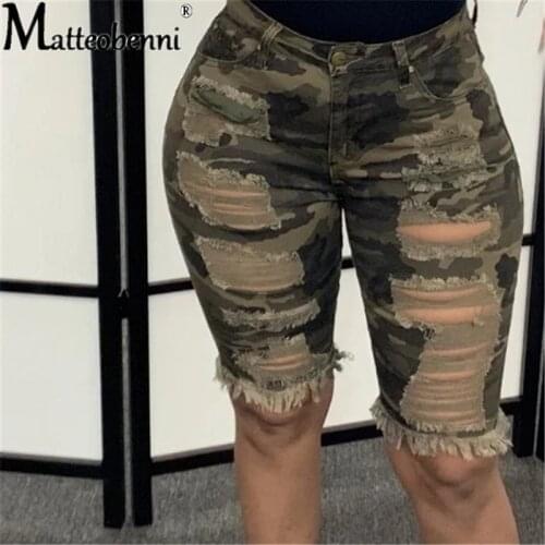 Fashion Women Camouflage Printing Denim Shorts 2021 Summer Plus Size Streetwear High Waist Ripped Hollow Out Skinny Short Jeans