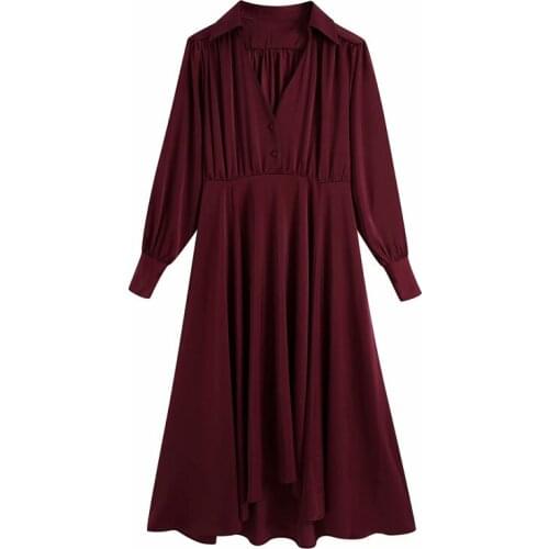 Evfer Women Fashion Autumn Za Satin Feeling Red Midi Dresses Ladies Elegant Long Sleeve VNeck High Waist Pleated Long Dress Chic