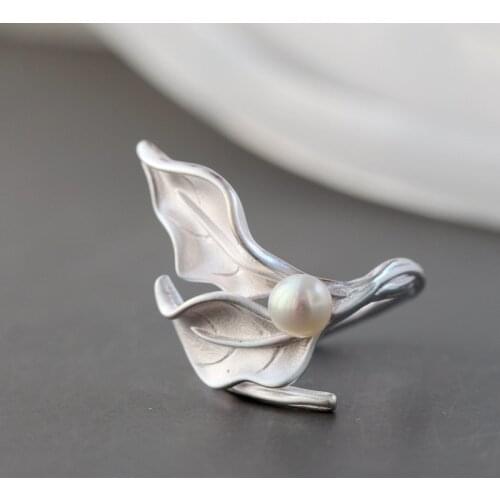 Authentic 925 Sterling Silver Women Open Adjustable Leafage Ring Natural Pearl Retro Fashion Tide Flow High Quality Jewellery