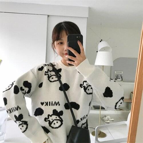 Winter Loose Cow Womens Sweaters O-Neck Japanese Kawaii Ulzzang Female Korean Sweater Ladies Casual Harajuku Clothing